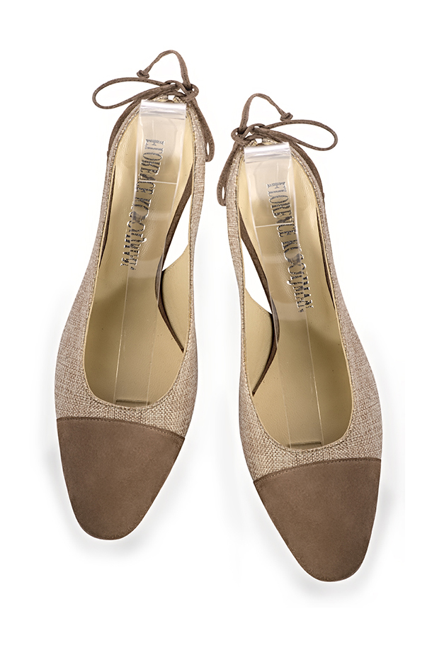 Women's chocolate brown and natural beige elegant slingback heels. Round toe. Medium comma heels - Top view